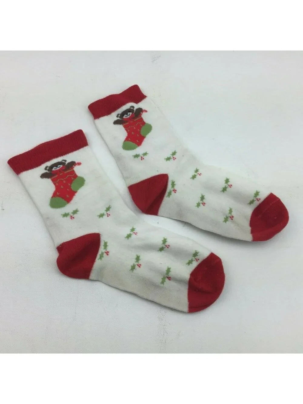 Vintage Christmas Bear Stocking Crew Socks Red Green Holly Berry
